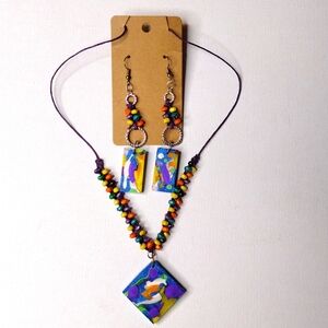Geometric Color Splash woven beadwork dangle Pierced earrings & Necklace Duo